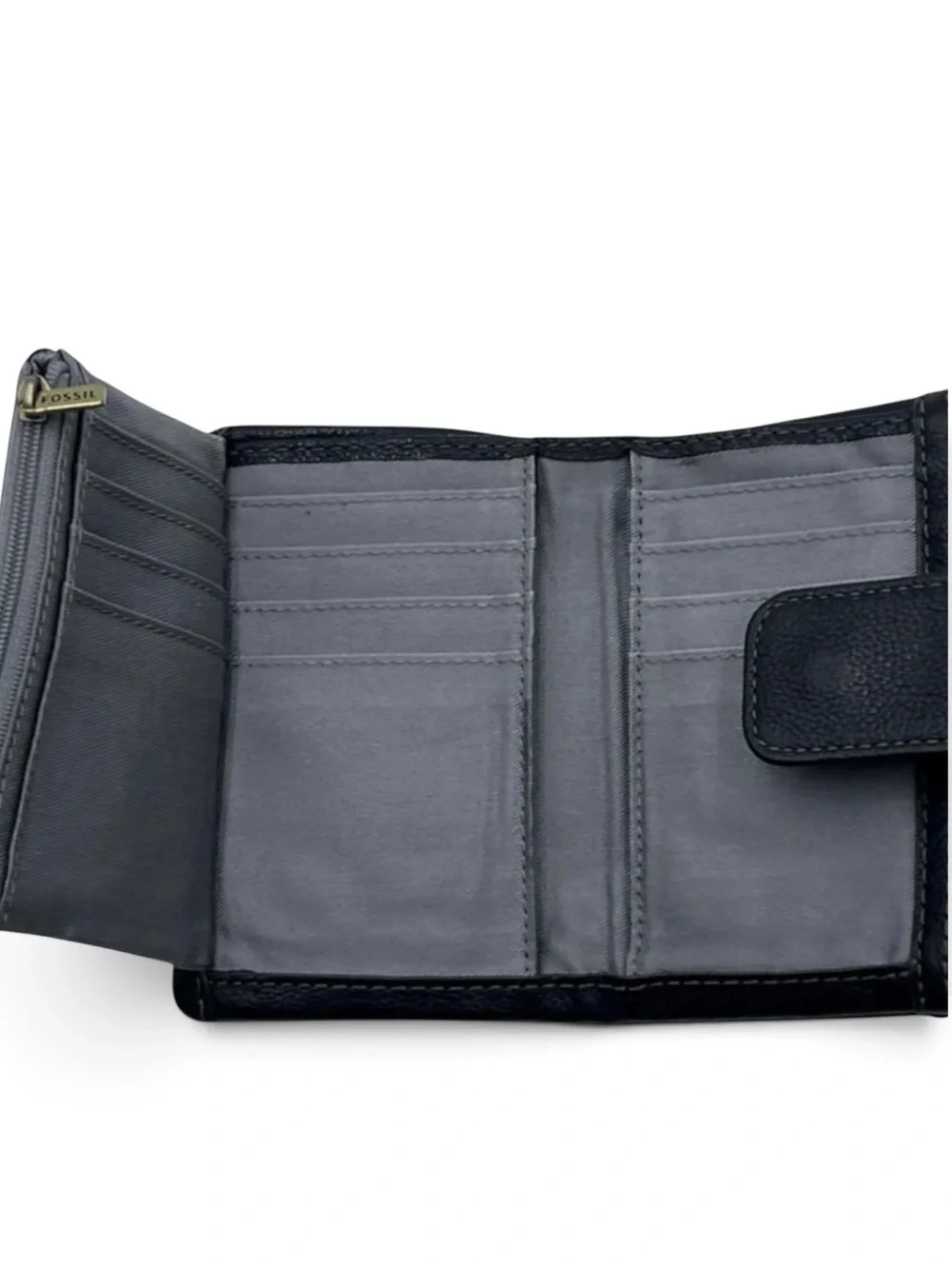 Fossil Ella Black Pebbled Leather Bifold Wallet Zip Coin Pocket Compact Clutch